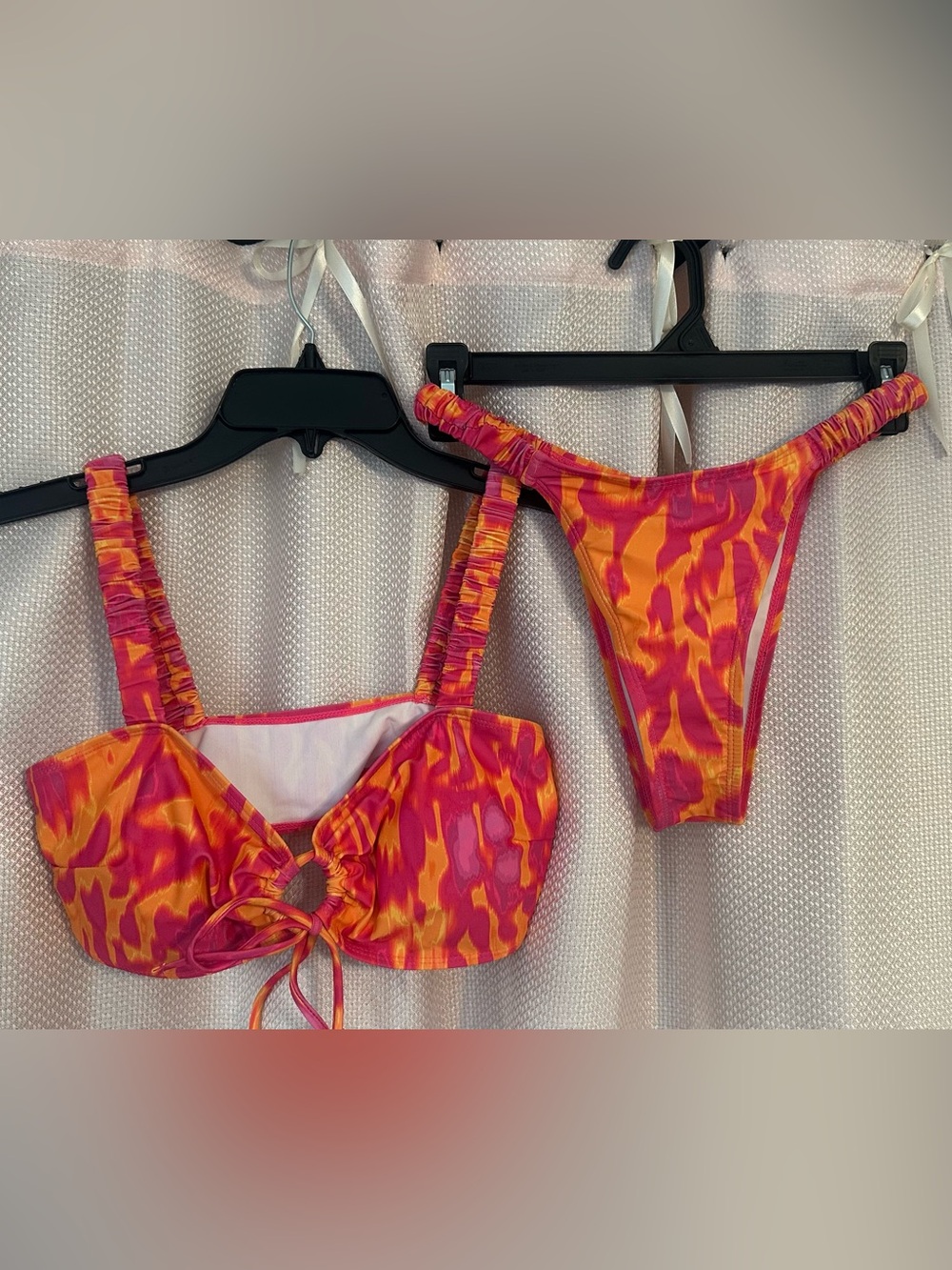 SHEIN Pink and Orange Print Tie-Front Bikini Set